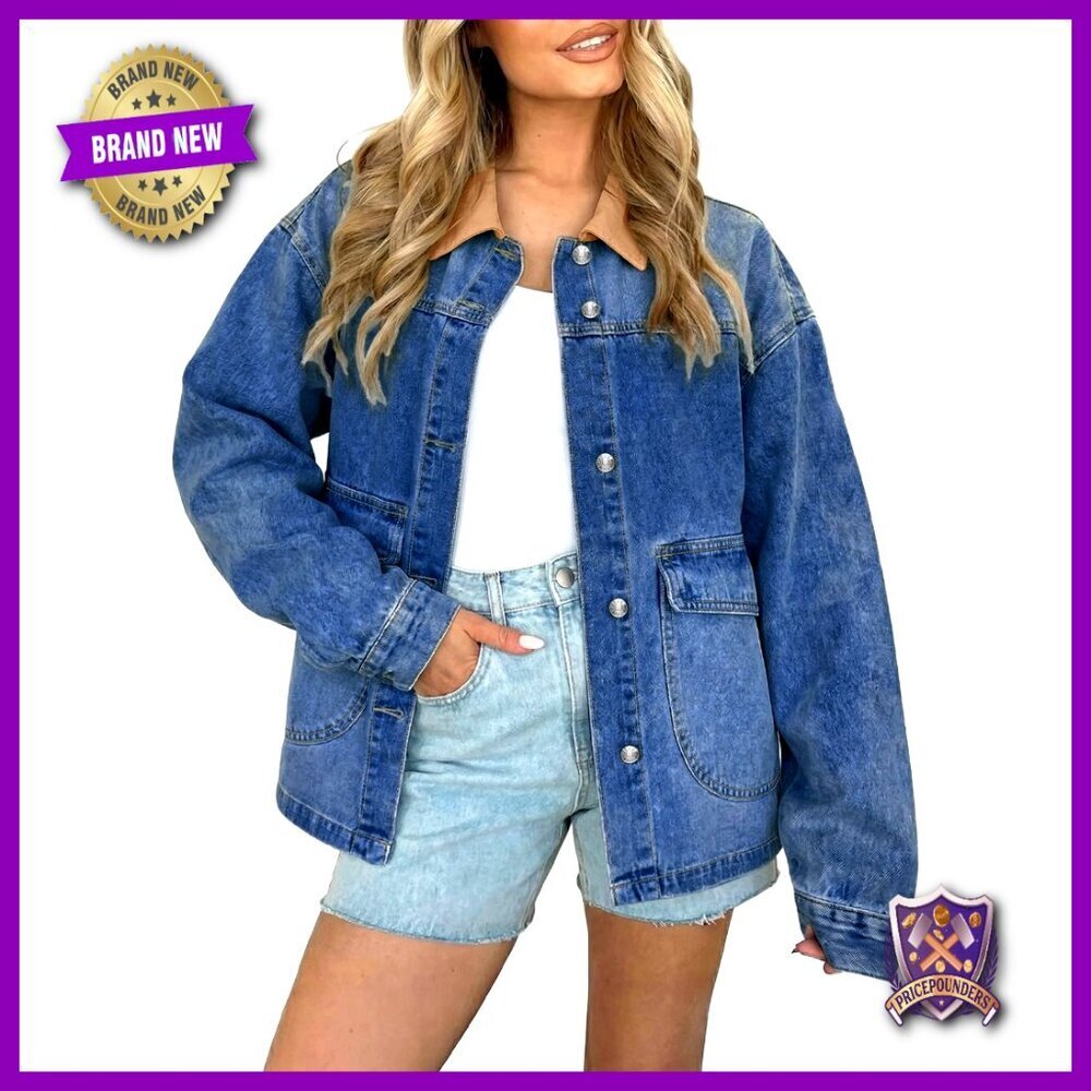 Oversized Denim Jacket Boyfriend Fit Button Down Classic Retro Chic